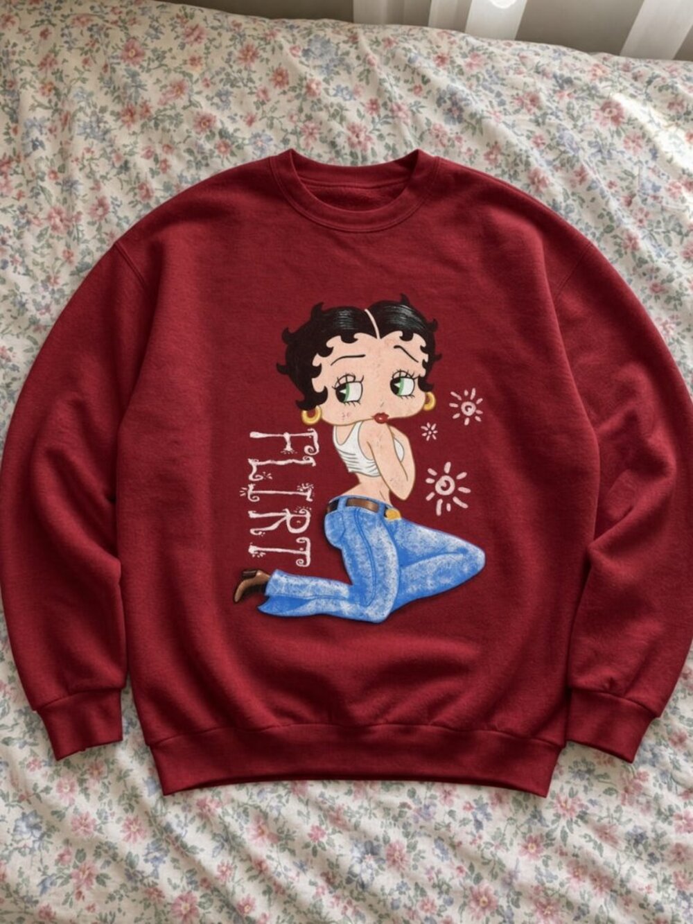 💋 Flirt Retro Cartoon Girl Sweatshirt Red Cute Y2K Denim Pin Up Crewneck ❤️